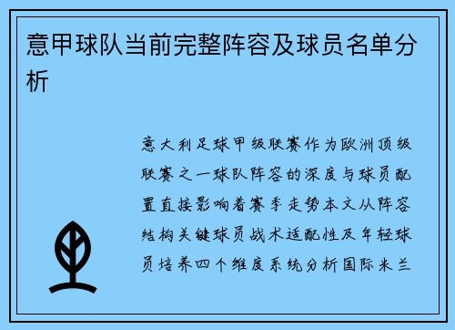 意甲球队当前完整阵容及球员名单分析