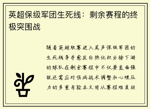 英超保级军团生死线：剩余赛程的终极突围战